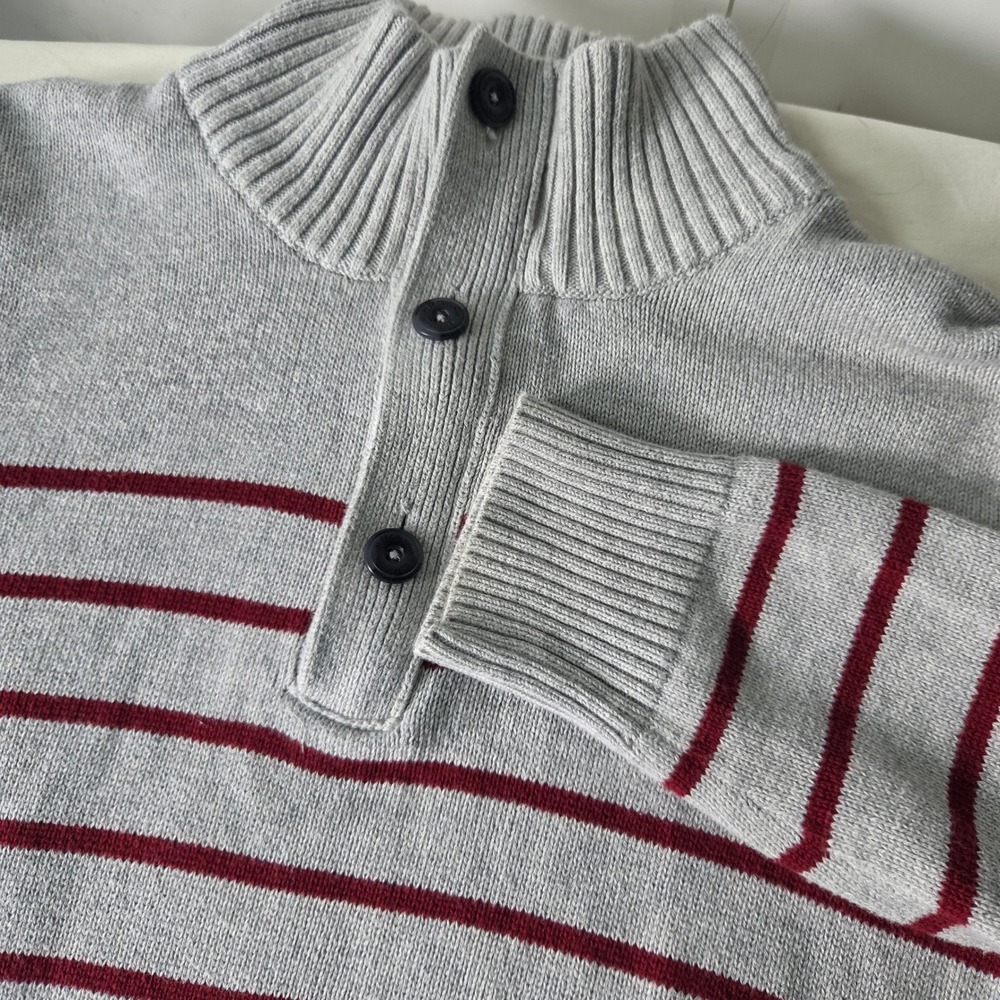 American Eagle Mens Athletic Fit Striped Mock Neck Button Zip Sweater Grey Large